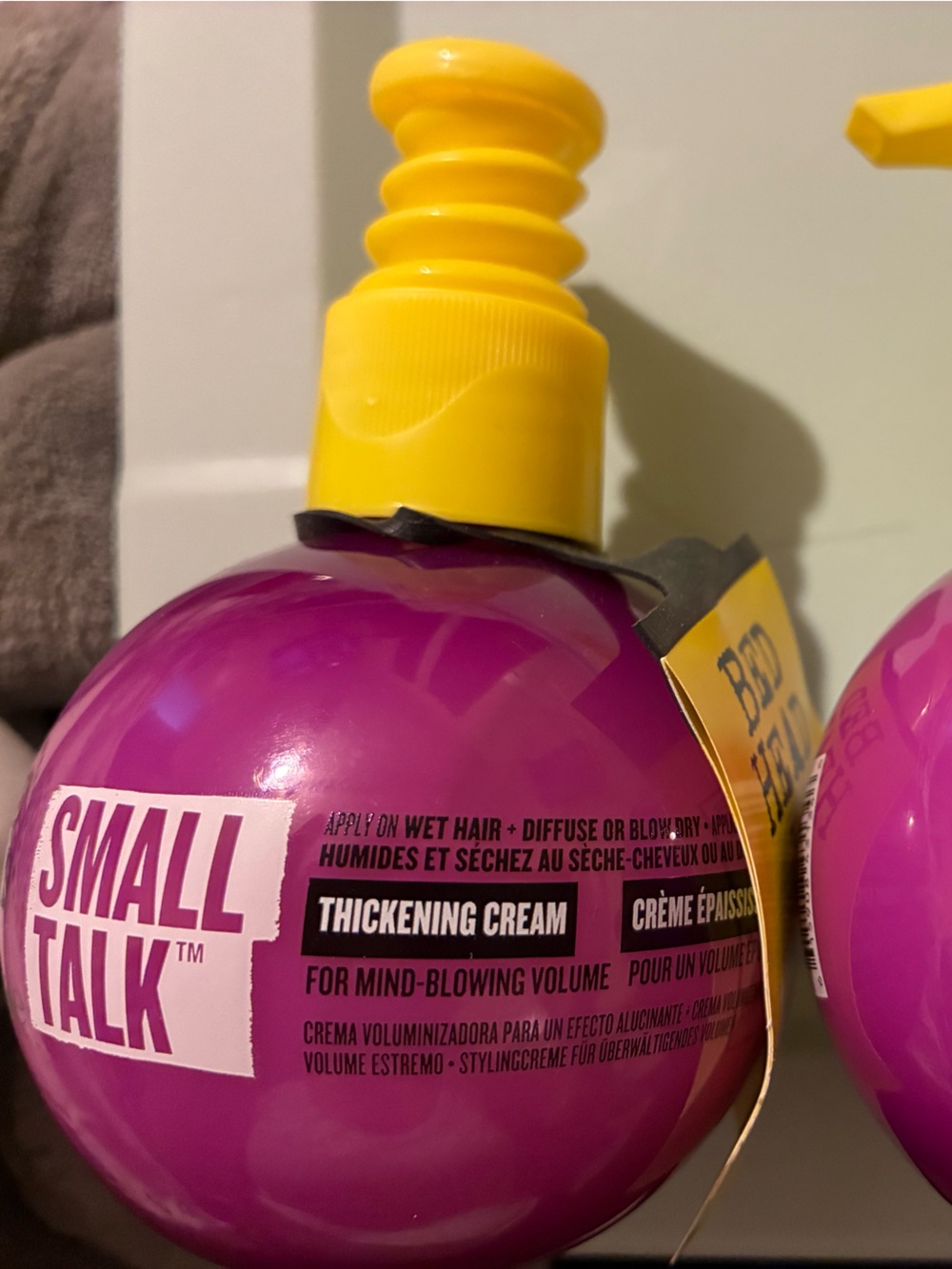 BedHead Small Talk Thickening Cream - purple Bottle with Yellow Pump